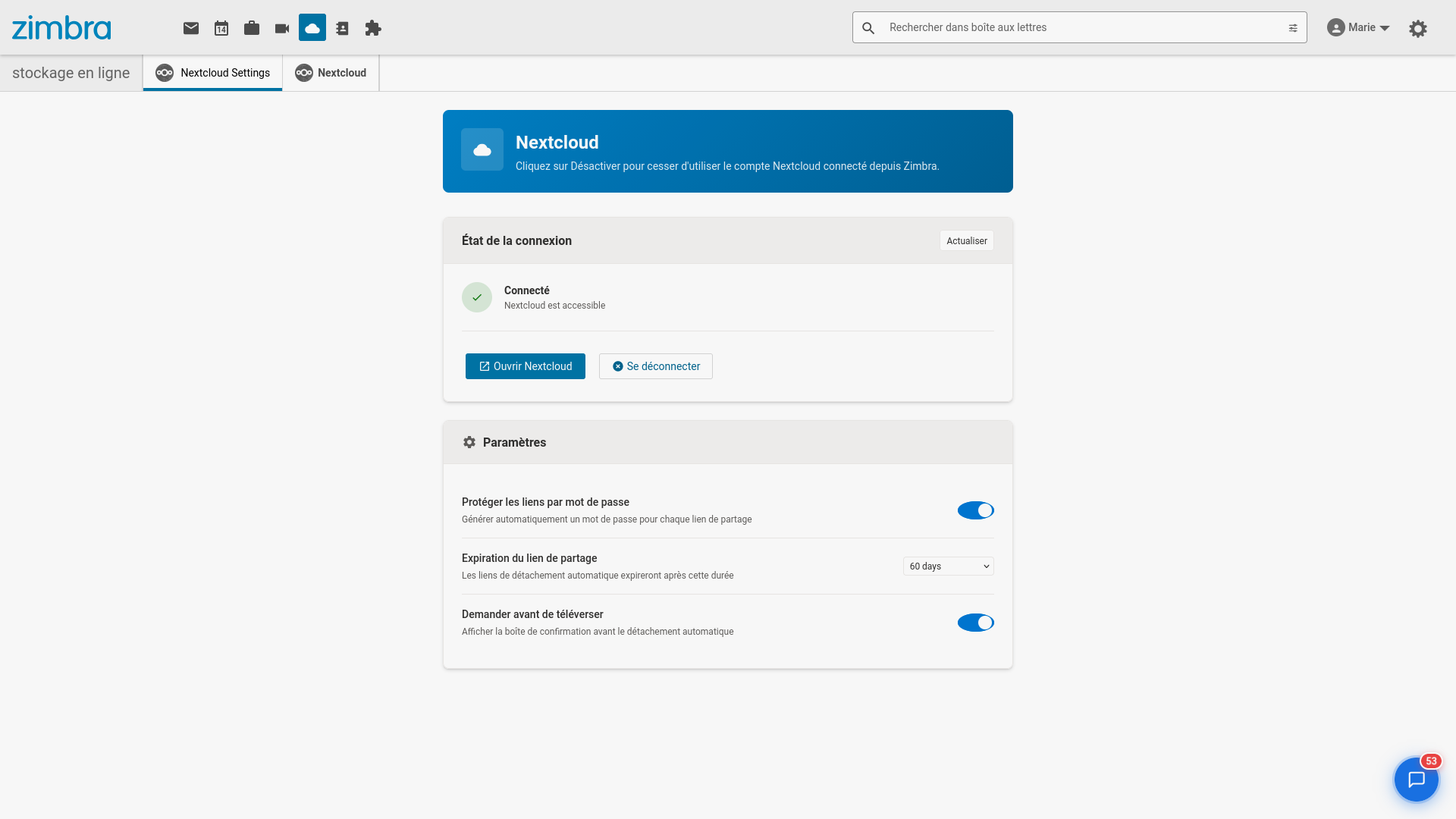 Nextcloud Settings — connexion depuis Zimbra